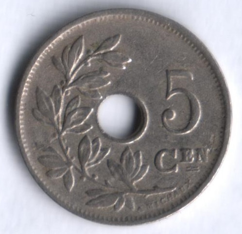 Монета 5 сантимов. 1922 год, Бельгия (Belgie).
