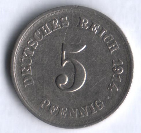 Монета 5 пфеннигов. 1914 год (A), Германская империя.