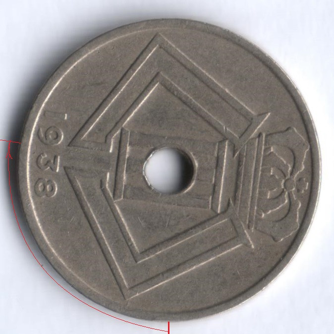 Монета 25 сантимов. 1938 год, Бельгия (Belgie-Belgique). Брак. Поворот на 90⁰.