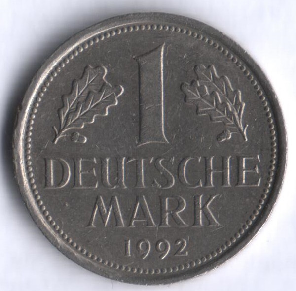Монета 1 марка. 1992 год (F), ФРГ.