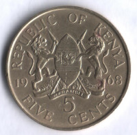 Монета 5 центов. 1968 год, Кения.