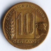 Монета 10 сентаво. 1945 год, Аргентина.