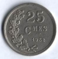 Монета 25 сантимов. 1938 год, Люксембург.