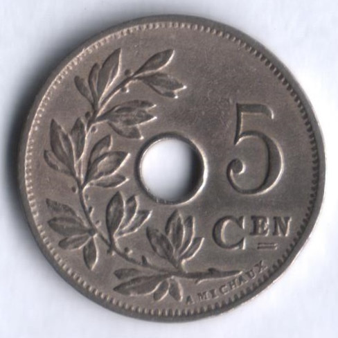 Монета 5 сантимов. 1928 год, Бельгия (Belgie).