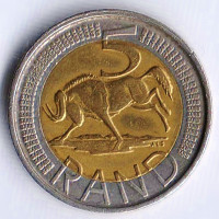 Монета 5 рандов. 2007 год, ЮАР (Aforika Borwa - Afrika Borwa).