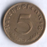 Монета 5 рейхспфеннигов. 1939 год (D), Третий Рейх.