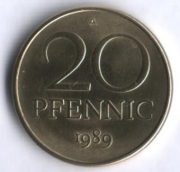 Монета 20 пфеннигов. 1989 год, ГДР.