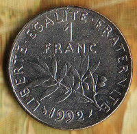 Монета 1 франк. 1992 год, Франция.