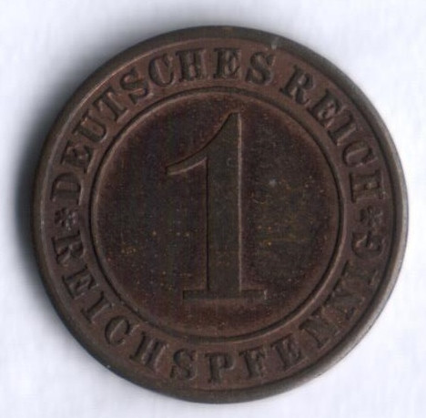 Монета 1 рейхспфенниг. 1930 год (A), Веймарская республика.