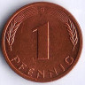 Монета 1 пфенниг. 1990(G) год, ФРГ.