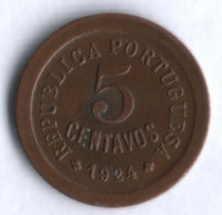 Монета 5 сентаво. 1924 год, Португалия.