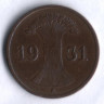 Монета 1 рейхспфенниг. 1931 год (A), Веймарская республика.