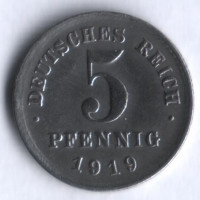 Монета 5 пфеннигов. 1919 год (D), Германская империя.