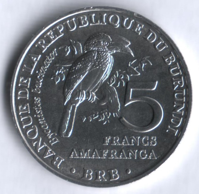 Монета 5 франков. 2014 год, Бурунди. Калао-трубач.