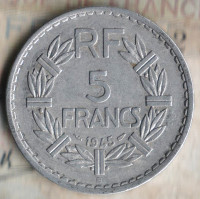 Монета 5 франков. 1945(B) год, Франция.