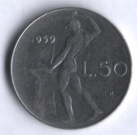 Монета 50 лир. 1959 год, Италия.