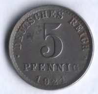 Монета 5 пфеннигов. 1921 год (A), Германская империя.