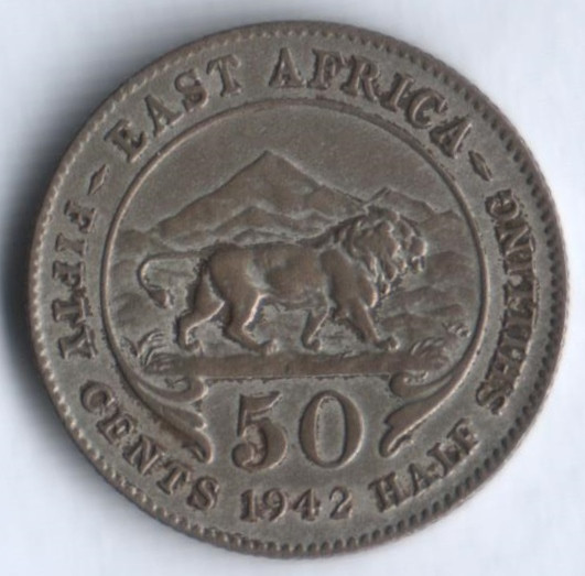 Монета 50 центов. 1942(H) год, Британская Восточная Африка.