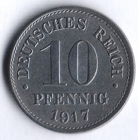 Монета 10 пфеннигов. 1917 год (J), Германская империя.