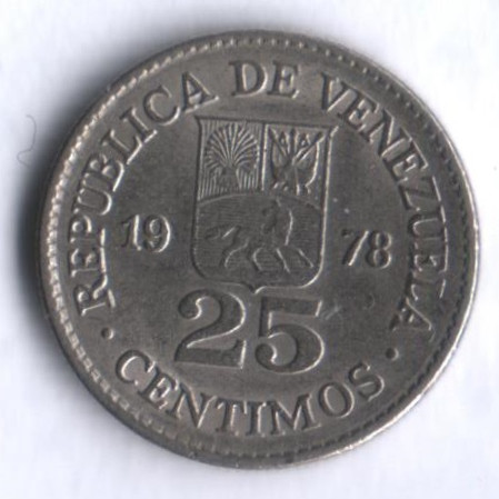 Монета 25 сентимо. 1978 год, Венесуэла.