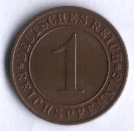 Монета 1 рейхспфенниг. 1935 год (D), Веймарская республика.
