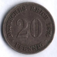 Монета 20 пфеннигов. 1874 год (A), Германская империя.
