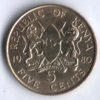 Монета 5 центов. 1980 год, Кения.