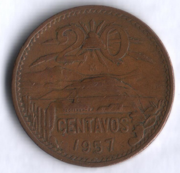 Монета 20 сентаво. 1957 год, Мексика.