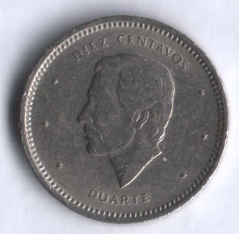 Монета 10 сентаво. 1987 год, Доминиканская Республика.