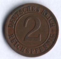 Монета 2 рейхспфеннига. 1924 год (D), Веймарская республика.