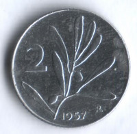 Монета 2 лиры. 1957 год, Италия.