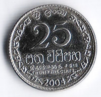 Монета 25 центов. 2004 год, Шри-Ланка.
