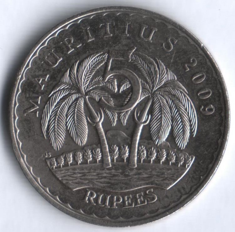 Монета 5 рупий. 2009 год, Маврикий.