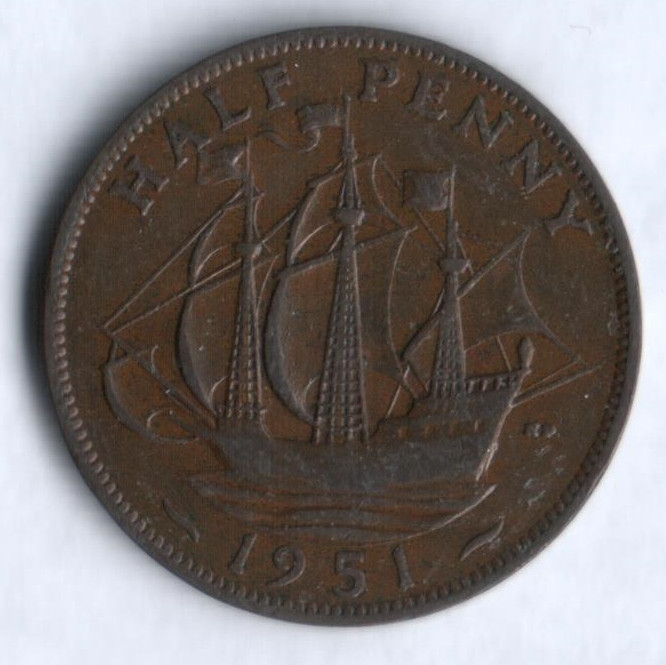 Монета 1/2 пенни. 1951 год, Великобритания.