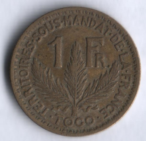 Монета 1 франк. 1924 год, Того.