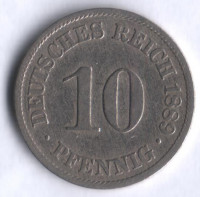 Монета 10 пфеннигов. 1889 год (A), Германская империя.