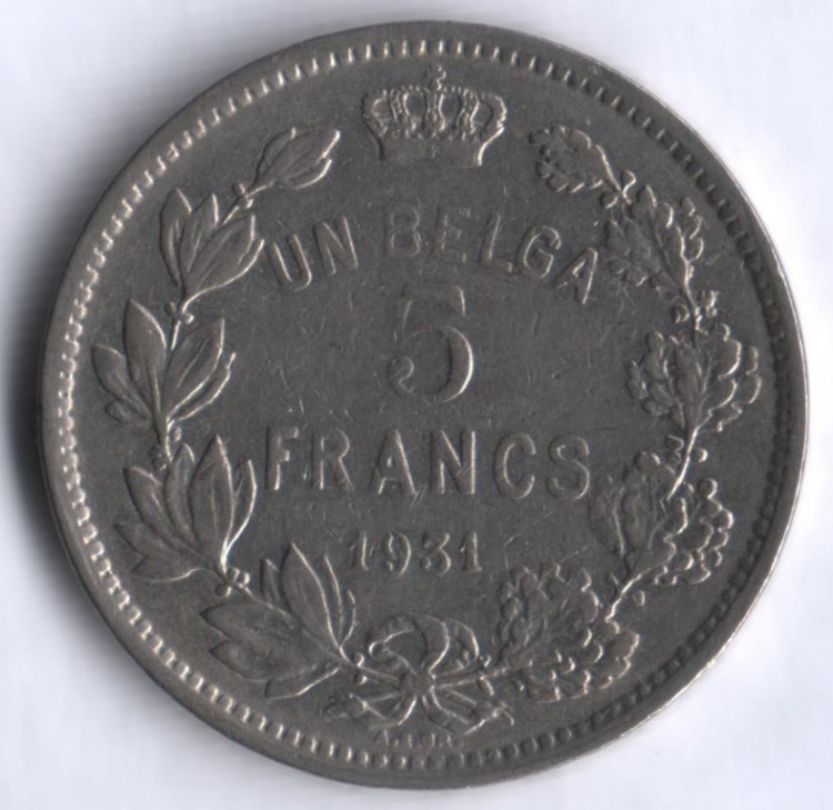 Монета 5 франков. 1931 год, Бельгия (Des Belges).