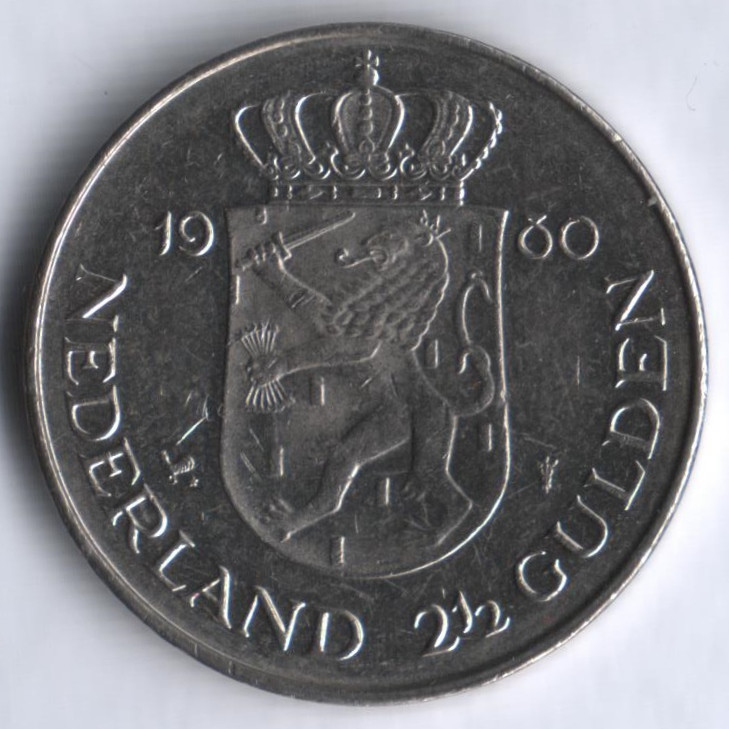 Монета 2-1/2 гульдена. 1980 год, Нидерланды. 30 апреля 1980 года вступление на престол Беатрис.