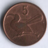 Монета 5 тхебе. 1988 год, Ботсвана.