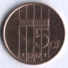 Монета 5 центов. 1987 год, Нидерланды.
