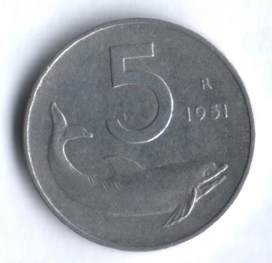 Монета 5 лир. 1951 год, Италия.