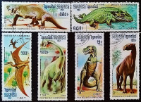 Набор почтовых марок (6 шт.). "Доисторические животные". 1986 год, Камбоджа.