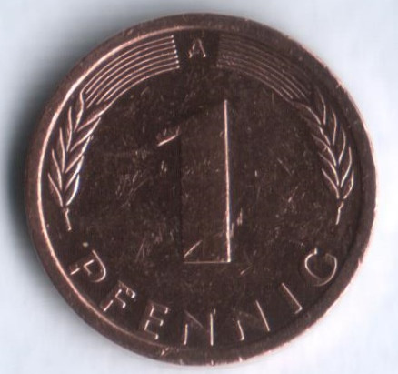 Монета 1 пфенниг. 1991(A) год, ФРГ.