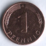 Монета 1 пфенниг. 1991(A) год, ФРГ.
