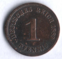 Монета 1 пфенниг. 1889 год (А), Германская империя.