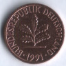 Монета 1 пфенниг. 1991(D) год, ФРГ.