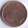 Монета 5 центов. 1966 год, Уганда.