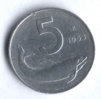 Монета 5 лир. 1953 год, Италия.