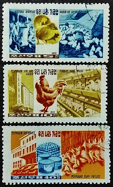 Набор почтовых марок (3 шт.). "Птицеводство". 1972 год, КНДР.