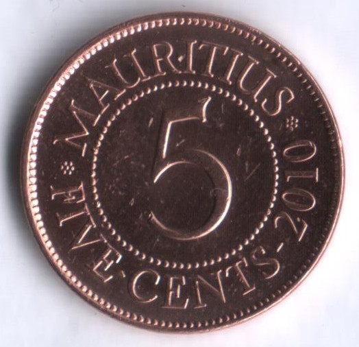 Монета 5 центов. 2010 год, Маврикий.